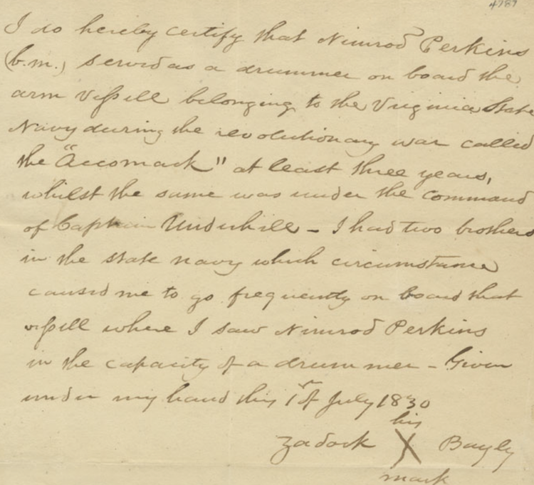 Image is a handwritten certification for Nimrod Perkins, certifying his service as a drummer for the Virginia State Navy during the revolutionary war. Signed with the mark of Zadock Bayley, July 1, 1830.