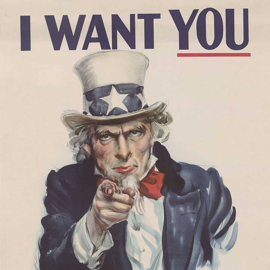 World War II poster with Uncle Sam pointing at the viewer and saying "I want YOU..."