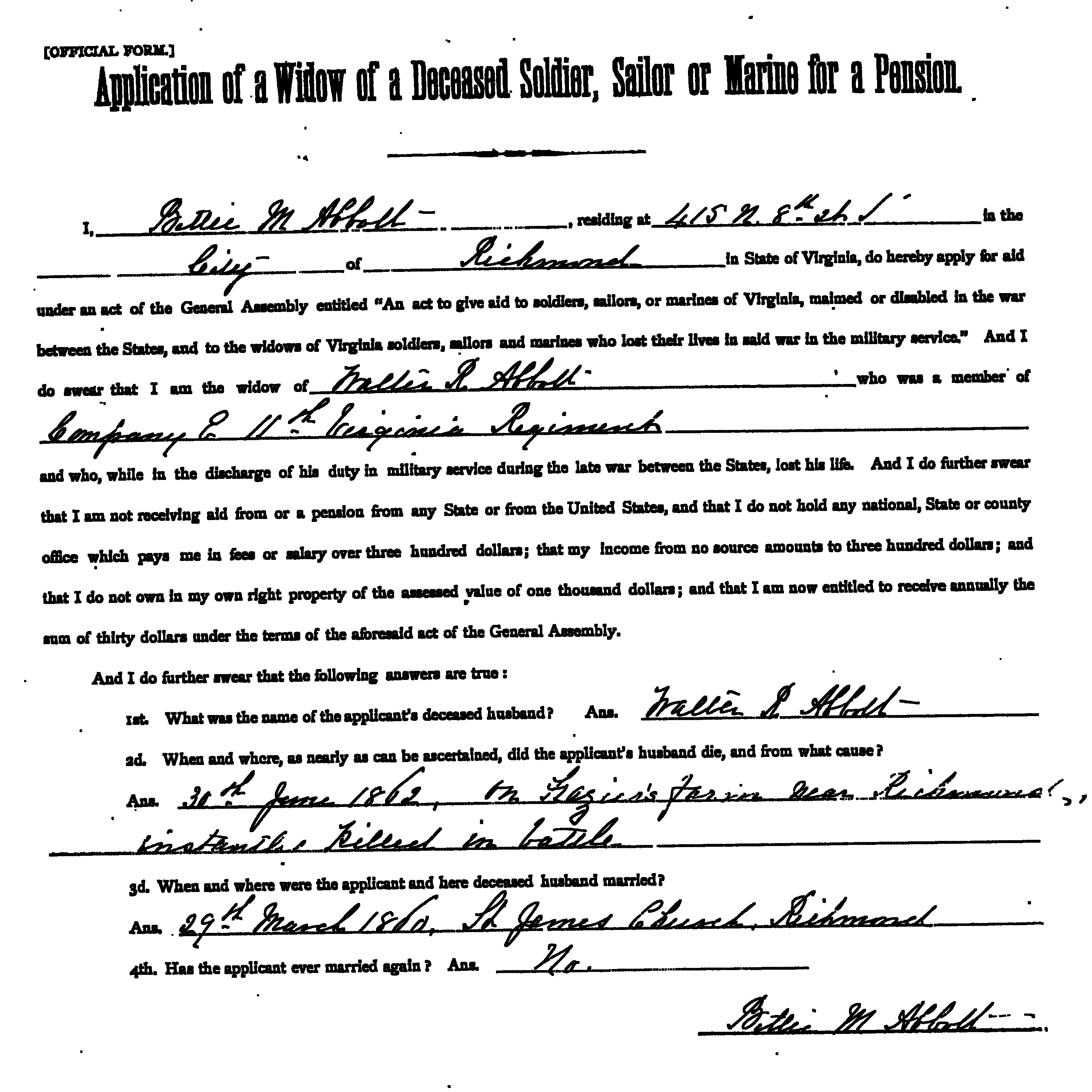 A printed form titled "Application of a Widow of a Deceased Soldier, Sailor or Marine for a Pension. 