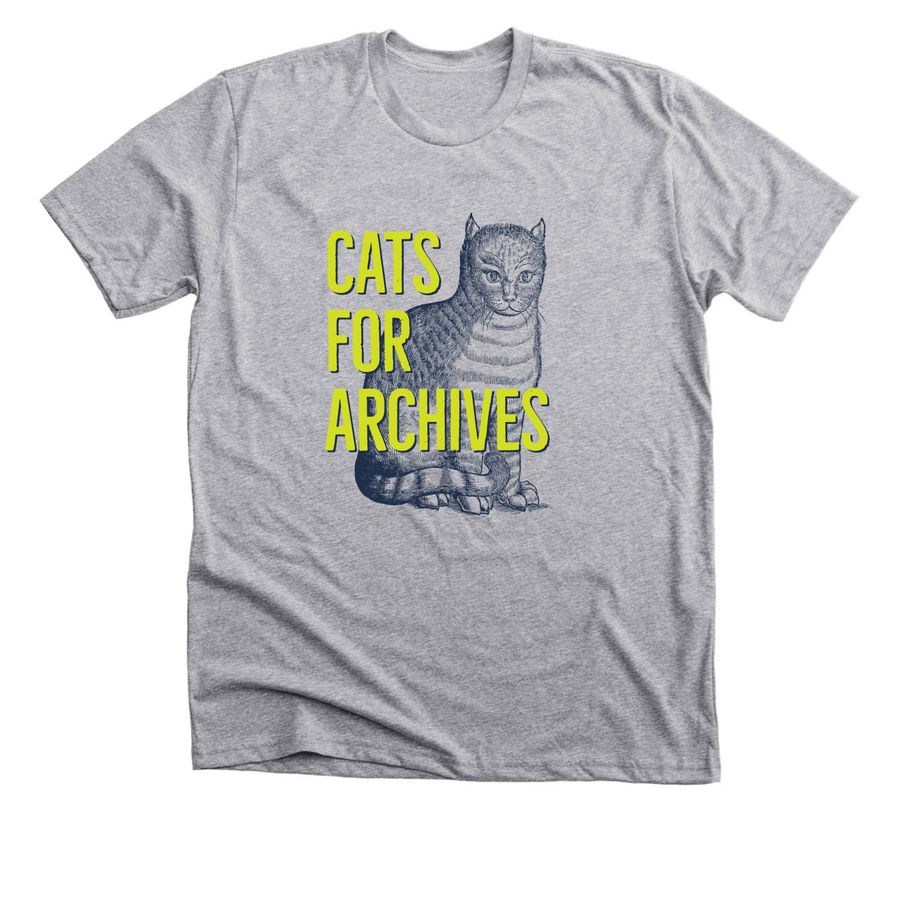 Gray t-shirt with picture of cat in blue and neon yellow text reading cats for archives