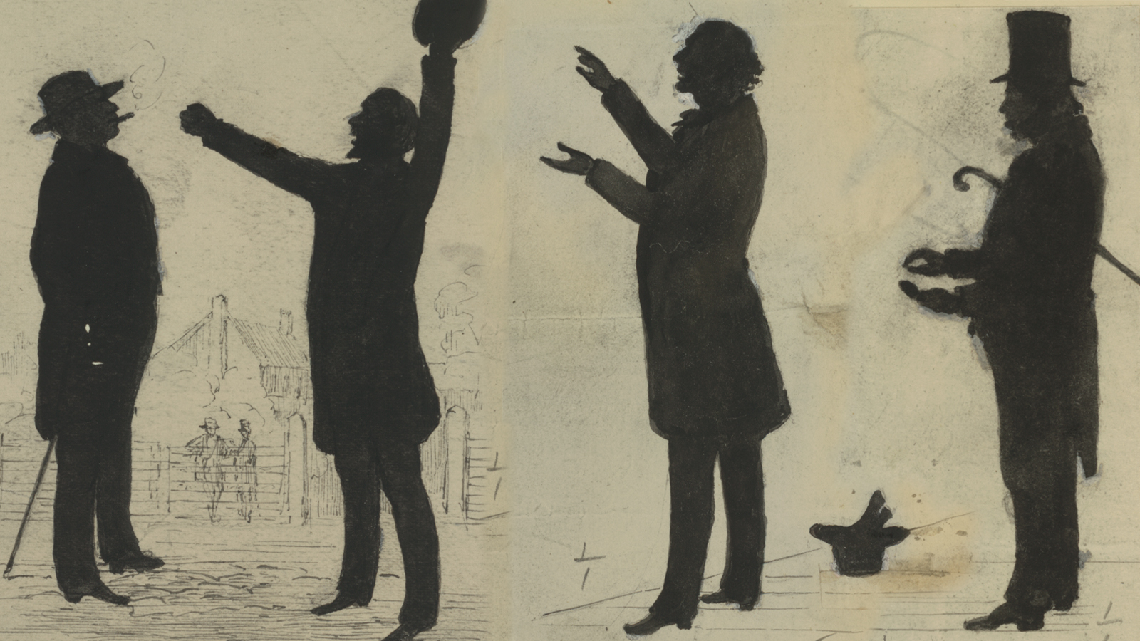 Union or Secession logo next to silhouettes of two 19th century men speaking to each other