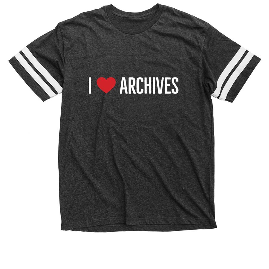 black t-shirt with white stripes on sleeves with white text l , shape of heart in red, and white text archives