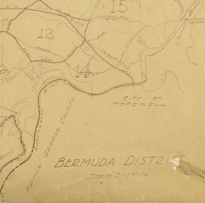 A hand drawn map showing areas of the Bermuda District of Chesterfield County Virginia.