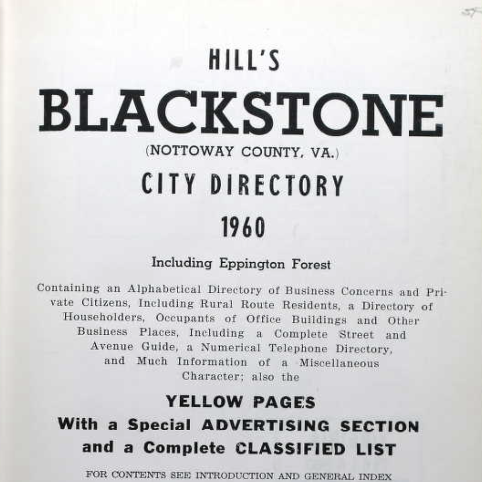 Page says "Hill's Blackstone (Nottoway County, VA.) City Directory 1960."