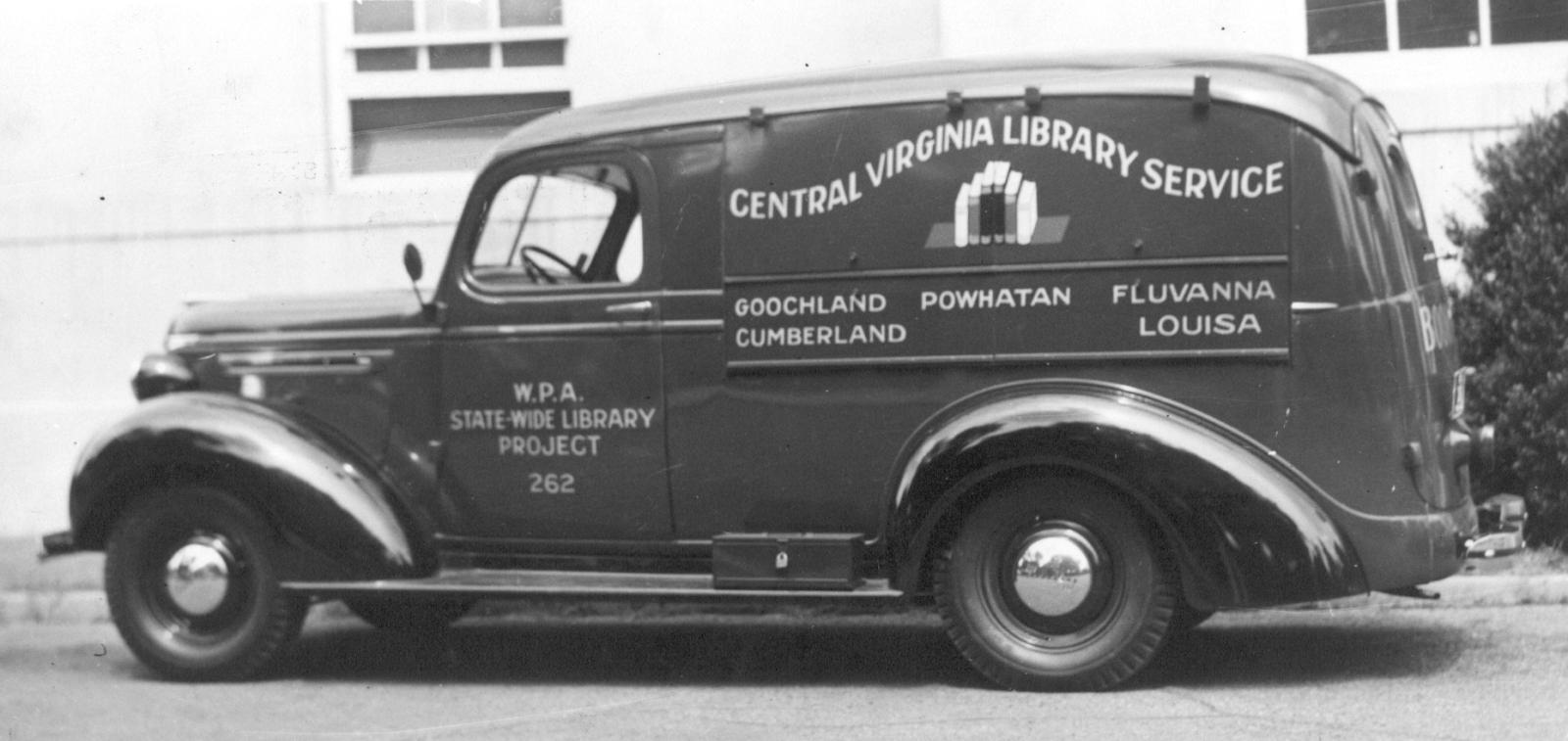 B&W photo of an early bookmobile from Central Virginia Library Service circa 1940s