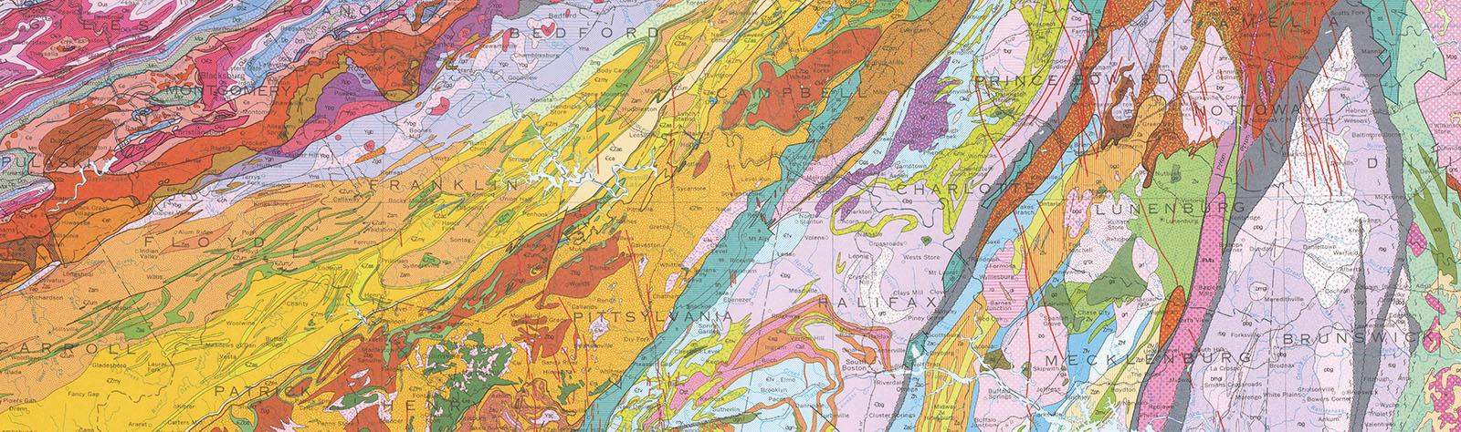 Geologic map of Virginia, 1993. Virginia Division of Mineral Resources. A cropped sample image from a colorful geological map of Virginia.