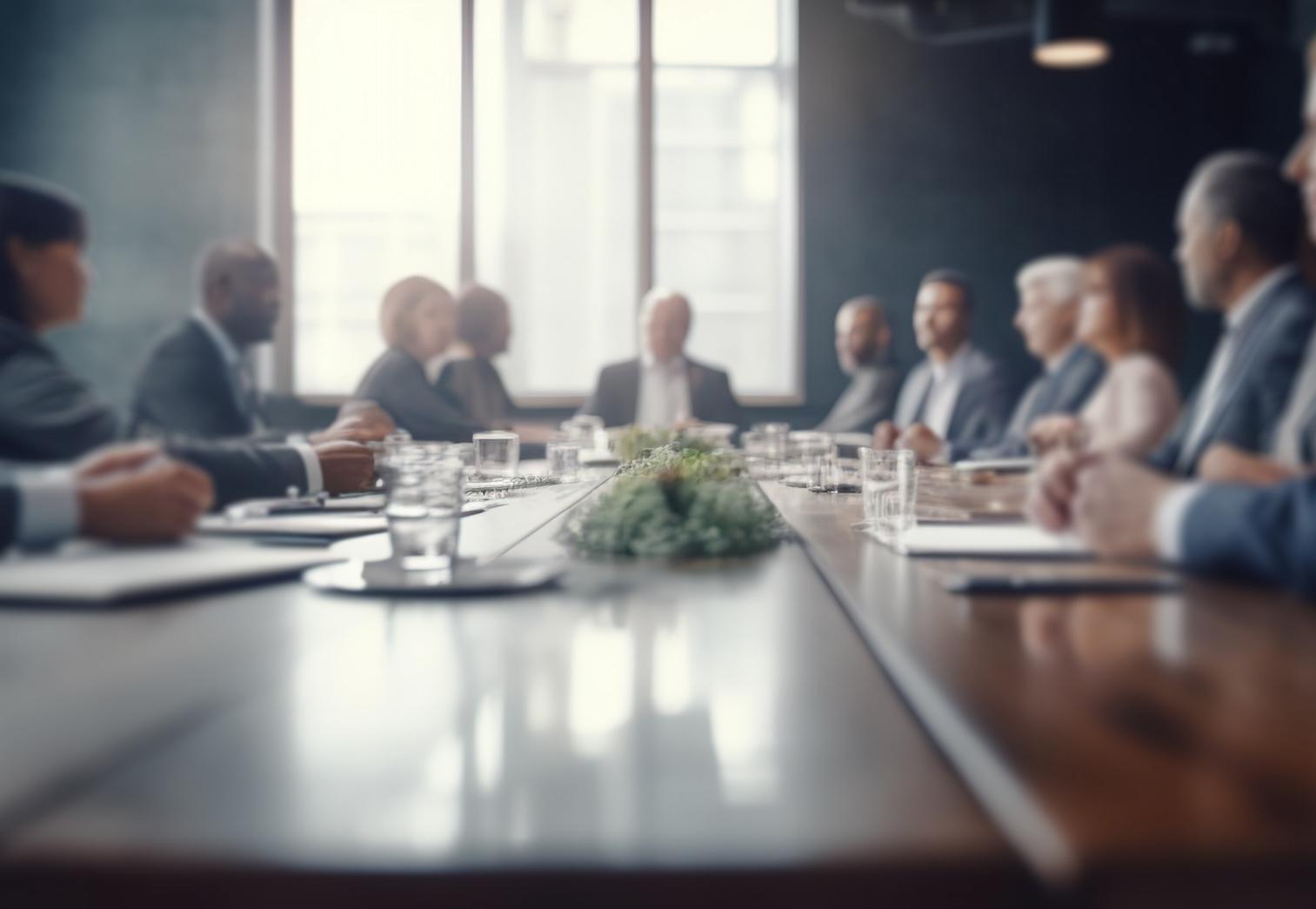 Image shows people sitting around a long meeting table. View is from one end of the table to the head.