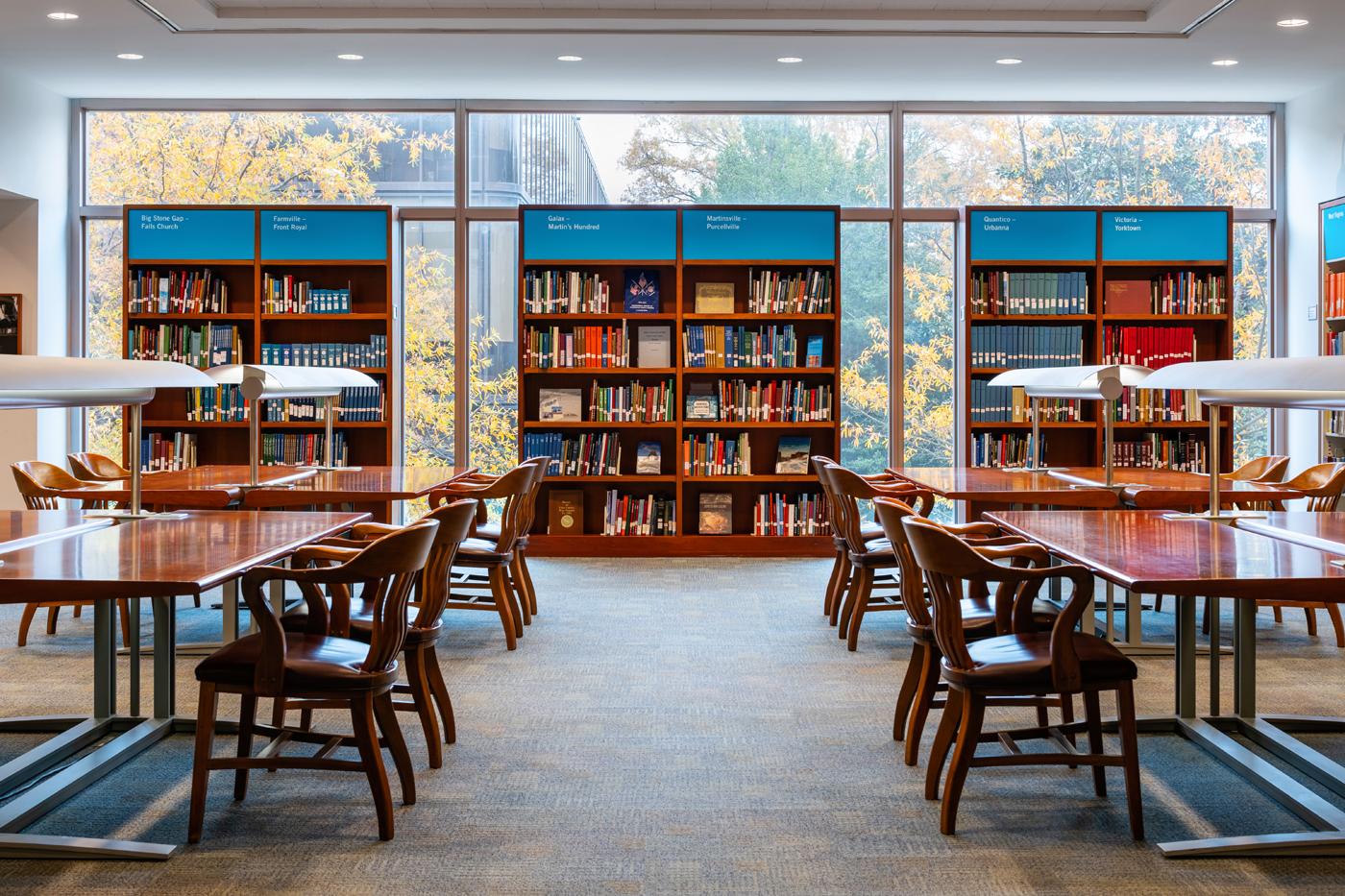 Desk and bookshelves in reading room Reading Room at the Library of Virginia