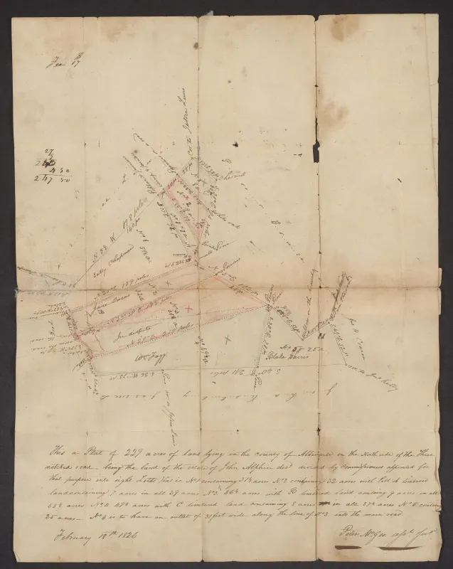 Hand drawn plat dividing 229 acres of land in Albemarle County, Virginia, into five subdivisions 
