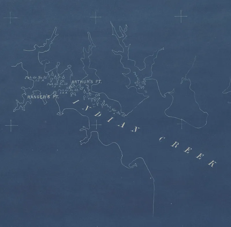 A "blueprint" survey of the Indian Creek public oyster fishing grounds, showing the natural oyster beds, rocks, and shoals.