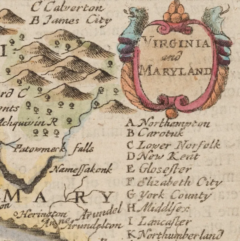 Top corner sample from the John Speed map, Virginia and Maryland, dated approximately 1676. The top corner shows a colorful design, like a shield, with Virginia and Maryland in the middle. Below is a list of parishes and mountain ranges are shown to the right.