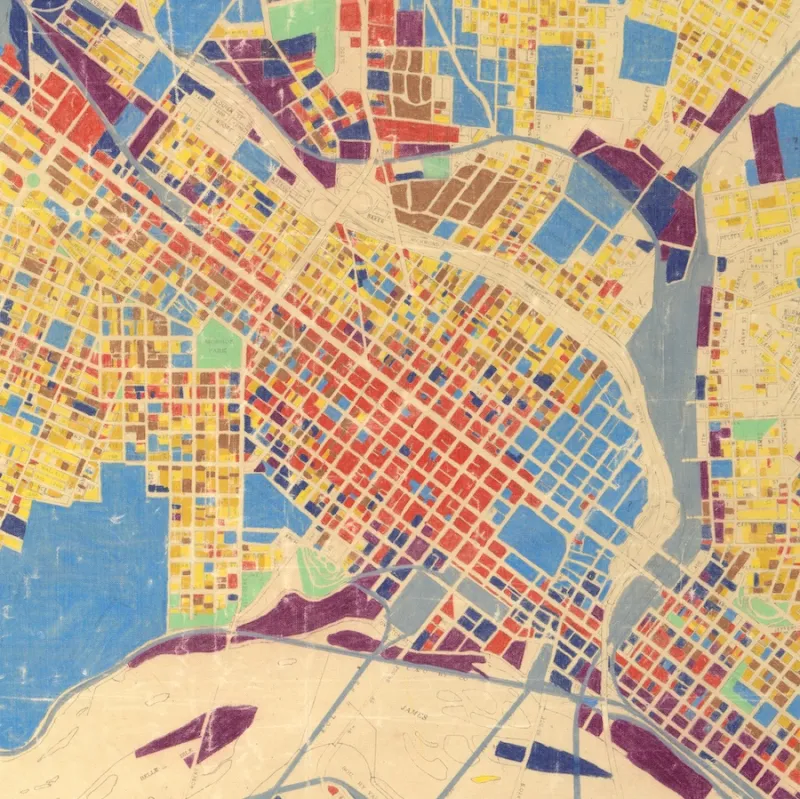Color areas on the map correspond to the legend and show single-, two-, and multi-family residences; parks and playgrounds; public, semi-public, and commercial areas; light and heavy industrial areas; and railroads.