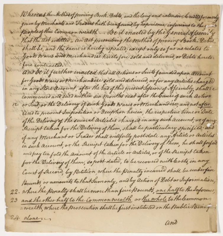Handwritten page, script in dark ink on brown paper, from the George Mason Papers at the Library of Virginia.