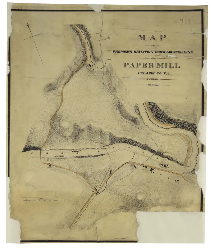 Hand drawn map of Pulaski County in 1849 showing Peak Creek, a paper mill, out buildings, and short parallel lines to show hill-shading.