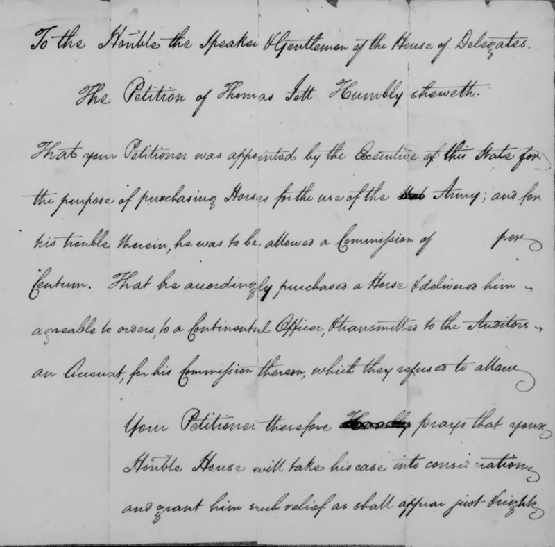 A handwritten petition to Virginia's General Assembly in which Thomas Jett, appointed by the governor to purchase horses for the Army, asks for relief for his service.