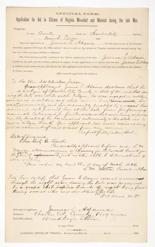 A form titled "Official Form. Application for Aid to Citizens of Virginia Wounded and Maimed during the late War." The form is printed but is filled out with handwriting.