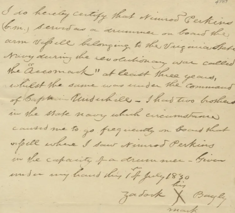 Image is a handwritten certification for Nimrod Perkins, certifying his service as a drummer for the Virginia State Navy during the revolutionary war. Signed with the mark of Zadock Bayley, July 1, 1830.