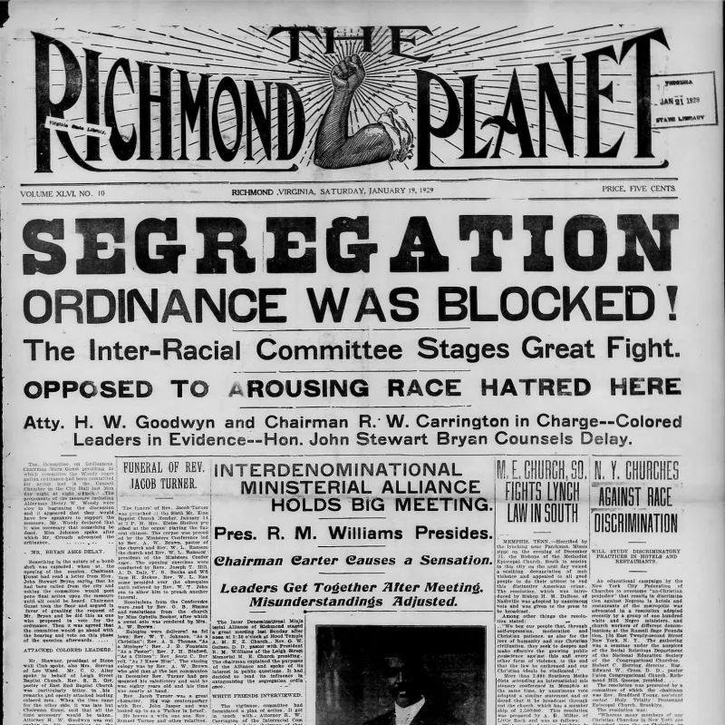 A front page of The Richmond Planet newspaper from January 19, 1929. The masthead shows a flexed arm surround by the words The Richmond Planet with a headline reading "Segregation Ordinance was blocked."
