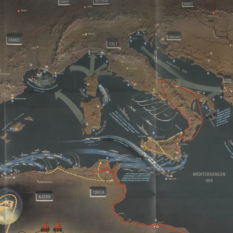 A sample from an educational map showing ships and routes of naval and air operations during World War II in the Mediterranean Sea. 