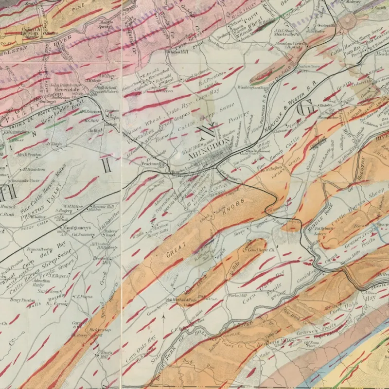 Map of Washington Co., Virginia, and contiguous territory : showing mineral resources, agricultural areas, water-powers, railway facilities, roads, streams, educational institutions, names and residences of many land-owners, post-offices. Includes color coding for mineral, coal, and other geologic feature identification and shows landmarks, towns, crops, and creeks.