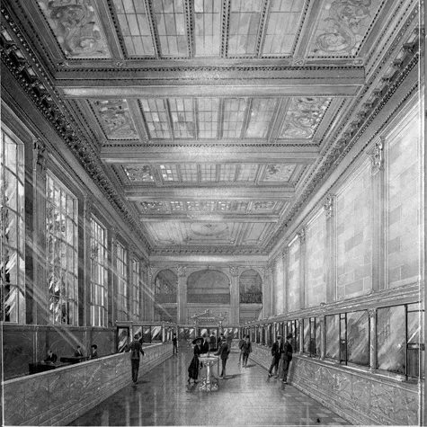 Interior presentation drawing of the Planters National Bank shows a a long room with people conducting business. The image shows an ornate ceiling, as well as a left side wall of windows and bank teller stations along the right side of the wall.
