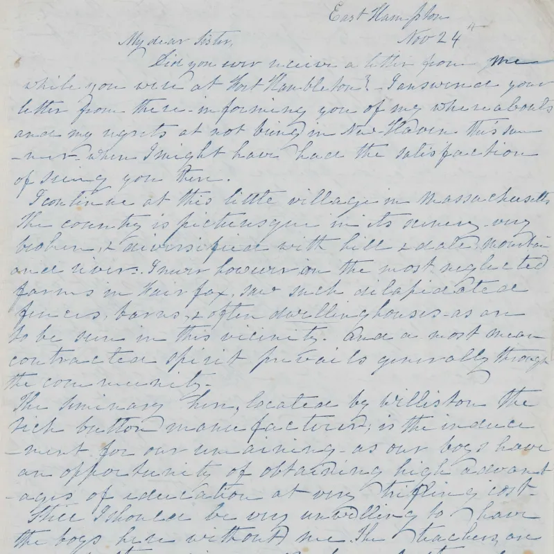 A handwritten letter in blue ink on light gray paper. The letter is dated "East Hampton Nov 24th" and starts "My dear sister".
