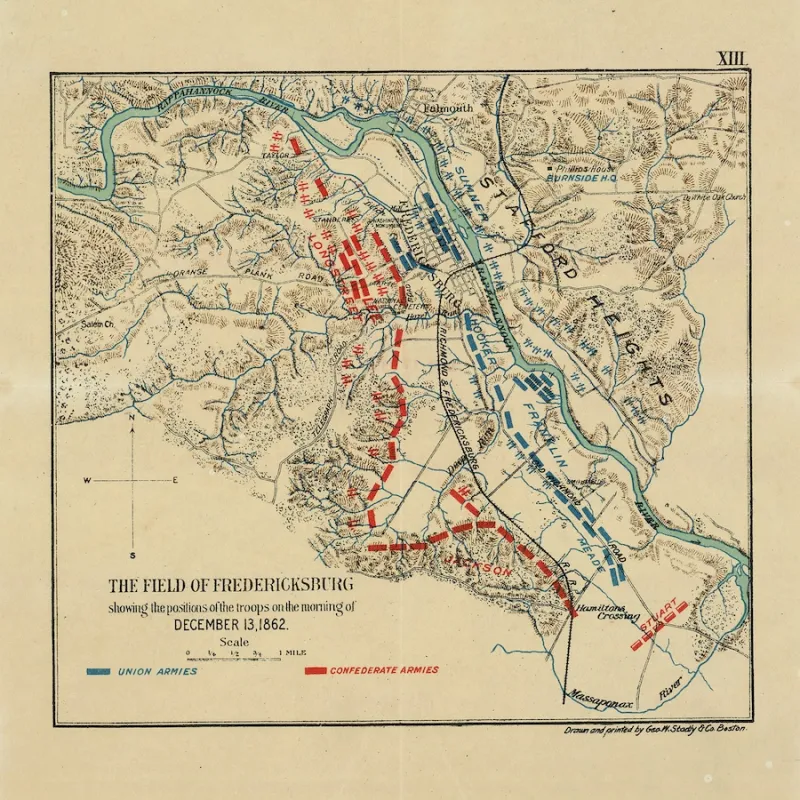 Printed version of a hand drawn map that shows the area of Fredericksburg, Virgina, the Rappahannock River, and Stafford Heights. Shows Union Armies in blue and Confederate Armies in red.