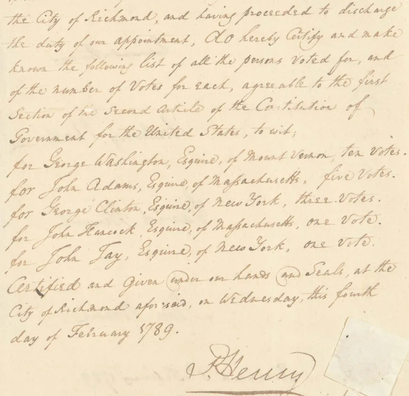 A snippet from the 1789 return of the Virginia electoral college, indicating number of votes received for each candidates, including George Washington, John Adams, George Clinton, John Hancock, and John Jay. Signed by P. Henry.