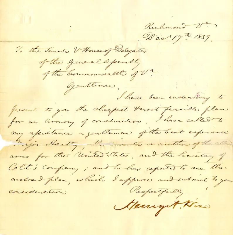 Handwritten letter from Virginia Governor Henry A. Wise to the General Assembly, dated December 17, 1859, concerning the construction of an armory in Richmond. 