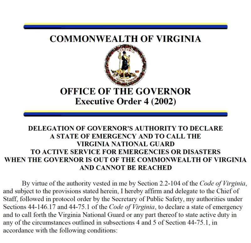 A document called Commonwealth of Virginia Office of the Governor Executive Order 4 (2002). The seal of Virginia is embedded in the title and the beginning text of the order follows.
