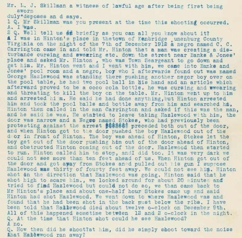 Type written page from a corner's inquisition, including questions and witness respones.