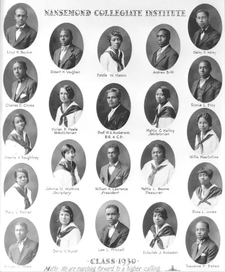 Possibly a page from a school yearbook. Portraits of Black individuals, both men and women, in ovals across and down the page, which is titled Nansemond Collegiate Institute. The men are in suits and the women are wearing white tops with dark neckerchiefs. The bottom of the page says "Class 1930 Motto: We are marching forward to a higher calling." Each individual's name is listed under their photo.
