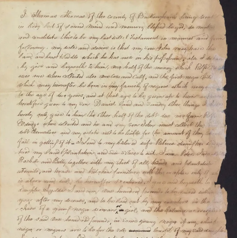 A cropped version of the will of Thomas Thomas of Buckingham County, Virginia, dated 1802. 