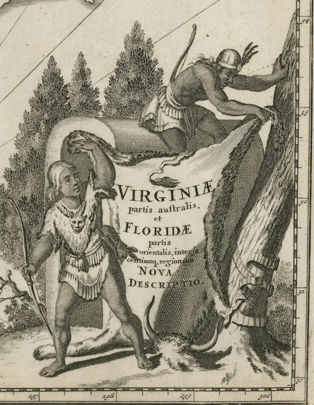 An illustration showing two indigenous people holding up an animal skin next to a tree. 