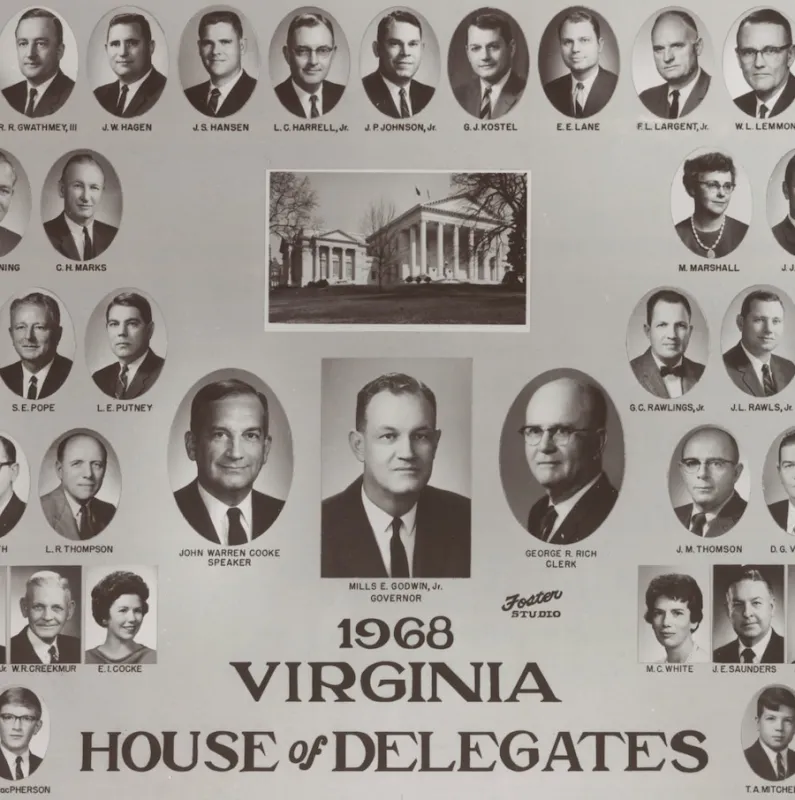 Image is a sample from a composite of photographs of members of Virginia's House of Delegates in 1968. At the center is a photograph of the Virginia State Capitol Building. There is a large photo of Governor Mills Godwin Jr. under that, and his photo is surrounded by the photos of members.
