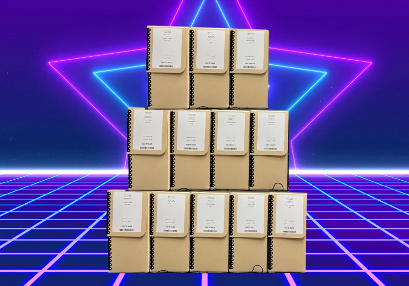 stack of hollinger boxes shaped like a pyramid  with a blue, purple and pink 80s background with a star