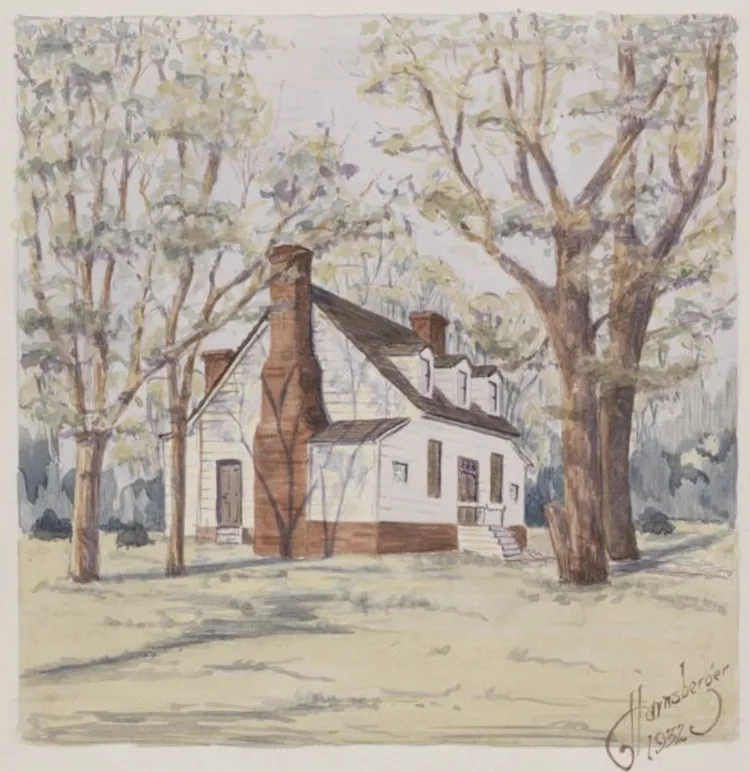 Watercolor of a wood house surrounded by trees. Artist's signature, "Harnsberger 1932," appears in the lower right-hand corner of the drawing.
