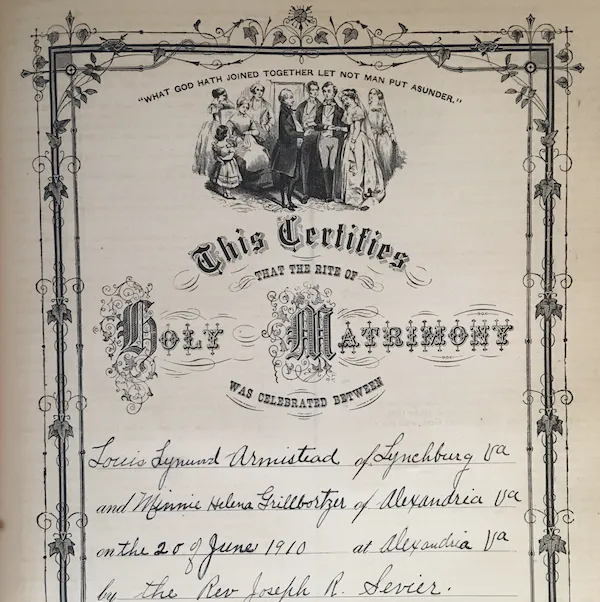 A printed image with a period drawing of a wedding ceremony under which is printed "This Certifies that the rite of holy marriage was celebrated between" with names of individuals written in.
