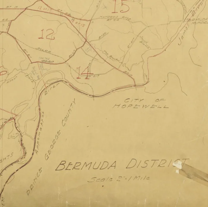 A hand drawn map showing areas of the Bermuda District of Chesterfield County Virginia.