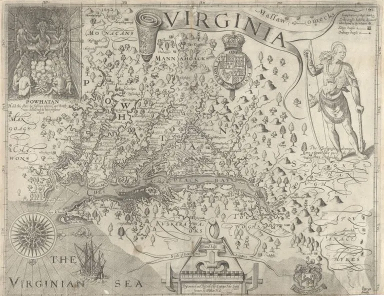 NOVA VIRGINIAE TABULA Ex officina Guiljelmi Blaeuw. Willem Blaeu (1571–1638). 1630. Amsterdam. Derivative 1, State 2 of Smith’s map of Virginia. Copperplate engraving.