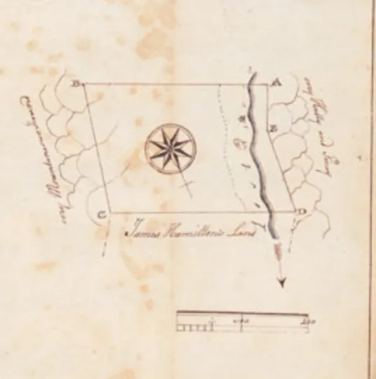 Image shows a survey of 330 acres of land in Augusta County drawn in 1749 by George Washington. There is a compass rose in the middle of the drawing and indications of "very mountainous ground" and "very hilly and piney" areas on either side of the property.