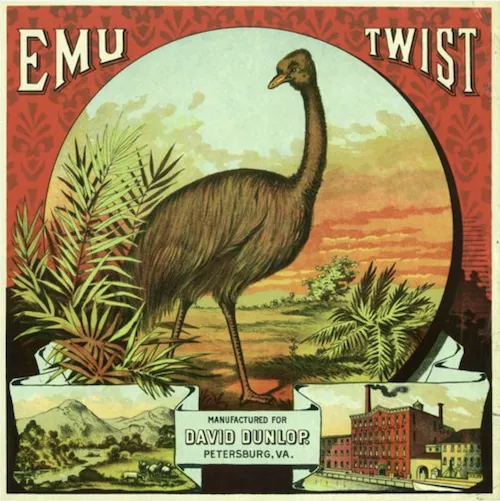 The colorful square image has a red print background and says "Emu Twist" at the top. In a circular frame there is a drawing of an emu with a backdrop of sky and a field with bushes. At the bottom left, there are two insets. On the left is a drawing of a valley and mountains and to the right a factory building.