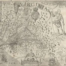 NOVA VIRGINIAE TABULA Ex officina Guiljelmi Blaeuw. Willem Blaeu (1571–1638). 1630. Amsterdam. Derivative 1, State 2 of Smith’s map of Virginia. Copperplate engraving.